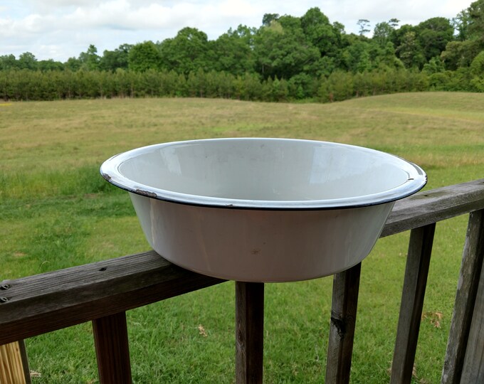 Vintage Large White Enamelware Basin Bowl Collectible Garden Etsy