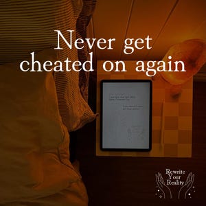 May include: An e-reader displaying text, "I am Not the Girl Who Gets Cheated On," rests on a yellow checkered surface. The phrase "Never get cheated on again" is above the e-reader. A logo with hands and the words "Rewrite Your Reality" is at the bottom.