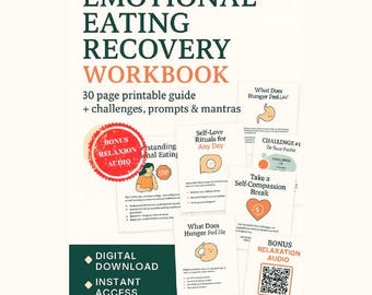 Może przedstawiać: Podręcznik zatytułowany "EMOTIONAL EATING RECOVERY WORKBOOK" z tekstem "30-stronicowy przewodnik do druku + wyzwania, podpowiedzi i mantry". Zawiera dodatkowe nagranie relaksacyjne i natychmiastowe pobieranie cyfrowe. Widocznych jest również kilka mniejszych kart z tekstem i ilustracjami.