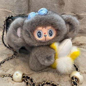 OOAK modified Labubu Figure Monkey - Genuine Mink Fur, hand-painted face-up, removable Banana