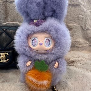 OOAK modified Labubu Figure Purple Bunny Bunny - Genuine Mink Fur, hand-painted face-up, removable carrot