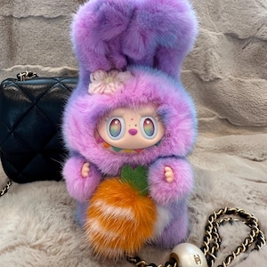 OOAK modified Labubu Figure Iridescent Pink Bunny Bunny - Genuine Mink Fur, hand-painted face-up, removable carrot