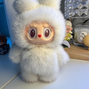 SOLD display only OOAK modified Labubu/ Zimomo Figure - Genuine Mink Fur & hand-stitched lamb skin Tail