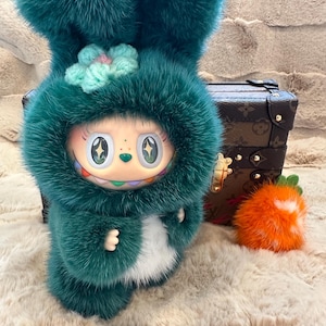OOAK modified Labubu Figure Forest Bunny Bunny - Genuine Mink Fur, hand-painted face-up, removable carrot
