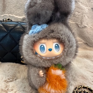 OOAK modified Labubu Figure Grey Bunny Bunny - Genuine Mink Fur, hand-painted face-up, removable carrot