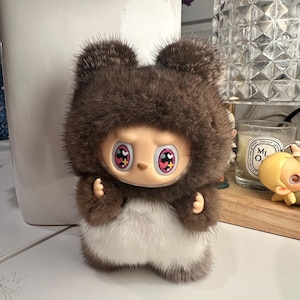 SOLD display only OOAK modified Labubu/ Zimomo Figure - Genuine Mink Fur & hand-stitched lamb skin Tail