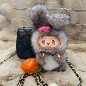 OOAK modified Labubu Figure Nature Bunny Bunny - Genuine Mink Fur, hand-painted face-up, removable carrot