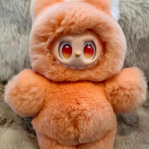 OOAK modified Labubu Figure - Genuine Rex Rabbit Fur bag hanger doll peach