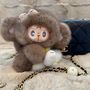OOAK modified Labubu Figure Monkey - Genuine Mink Fur, hand-painted face-up, removable Banana