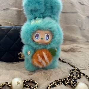 OOAK modified Labubu Figure Blue Bunny Bunny - Genuine Mink Fur, hand-painted face-up, removable carrot