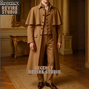 Beige Regency Garrick Mantel - Inverness Cape Mantel - Klassischer Herrenwollmantel im viktorianischen Stil für formelle, historische und historische Kleidung