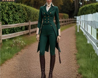May include: A dark green equestrian-style suit with gold buttons, a long jacket, and matching pants. The outfit includes brown leather riding boots and a riding crop. The Regency Revire Studio logo is in the top left corner.