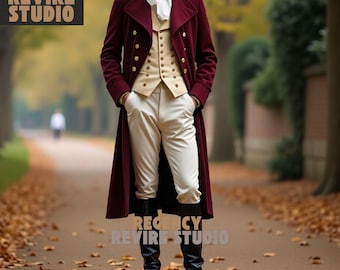 May include: A burgundy double-breasted coat with gold buttons, paired with a cream-colored vest and trousers. The outfit is completed with a white cravat and black boots. The image includes the text "Regency. Revire Studio."
