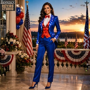 May include: A woman in a blue suit with white star detailing, a red waistcoat, and a white shirt. The suit is worn with blue heels and a red bow tie. The background features American flags, balloons, and floral displays, with a sunset visible.