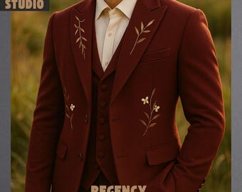 Burgundy Embroidered 3-Piece Suit | Custom Tailored Groom Wedding Tuxedo | Luxury Men’s Formal Blazer with Ivory Lapel Vest - Wedding Suit
