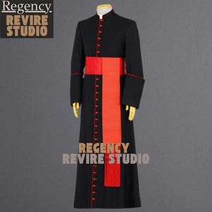 Black Soutane Cassock with Crimson Red Trim & Sash - Custom Tailored Roman Catholic Clergy Robe | Soutane Noire - Religious Costume