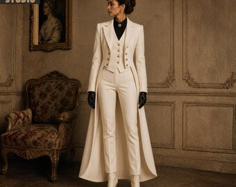 May include: A cream-colored, tailored suit with a long coat, vest, and fitted pants. The suit features gold buttons and is paired with white boots and black gloves. The image includes the text "Regency Revire Studio" in the upper left corner.