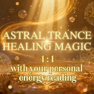 Könnte beinhalten: Ein goldenes Grafikdesign mit dem Text ASTRAL TRANCE HEALING MAGIC 1:1 with your personal energy reading. Der Hintergrund zeigt leuchtende Lichtstreifen, schwebende Partikel und kreisförmige Symbole mit Sternenmustern.