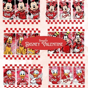 以下が含まれることがあります： ミッキー、ミニー、ドナルド、デイジー、グーフィー、プルートが登場する、ディズニーのバレンタインデーをテーマにしたカードのセット。各カードには赤と白のチェック柄のボーダーがあり、「Love」と「XOXO」の文字が含まれています。