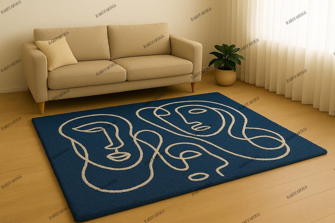 Abstract Face Rug, Modern Line Art Rug, Blue Cream Tufted Carpet ...