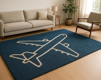 Airplane Area Rug for Kids Room, Handmade Aviation Carpet, Modern Blue Plane Rug, Nursery Playroom Decor, Custom Size Wool Rug