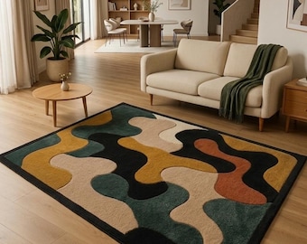 Abstract Area Rug, Modern Geometric Carpet, Handmade Hand Tufted Wool Rug, Green Black Beige Mustard Rust Rug, Contemporary Home Decor
