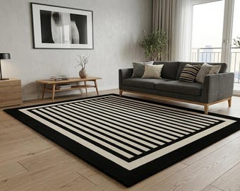 Dywan w czarno-białe paski | Nowoczesny, geometryczny, ręcznie robiony dywan | Minimalistyczny dywan wełniany | Dywan do salonu na wymiar | Darmowa wysyłka na cały świat