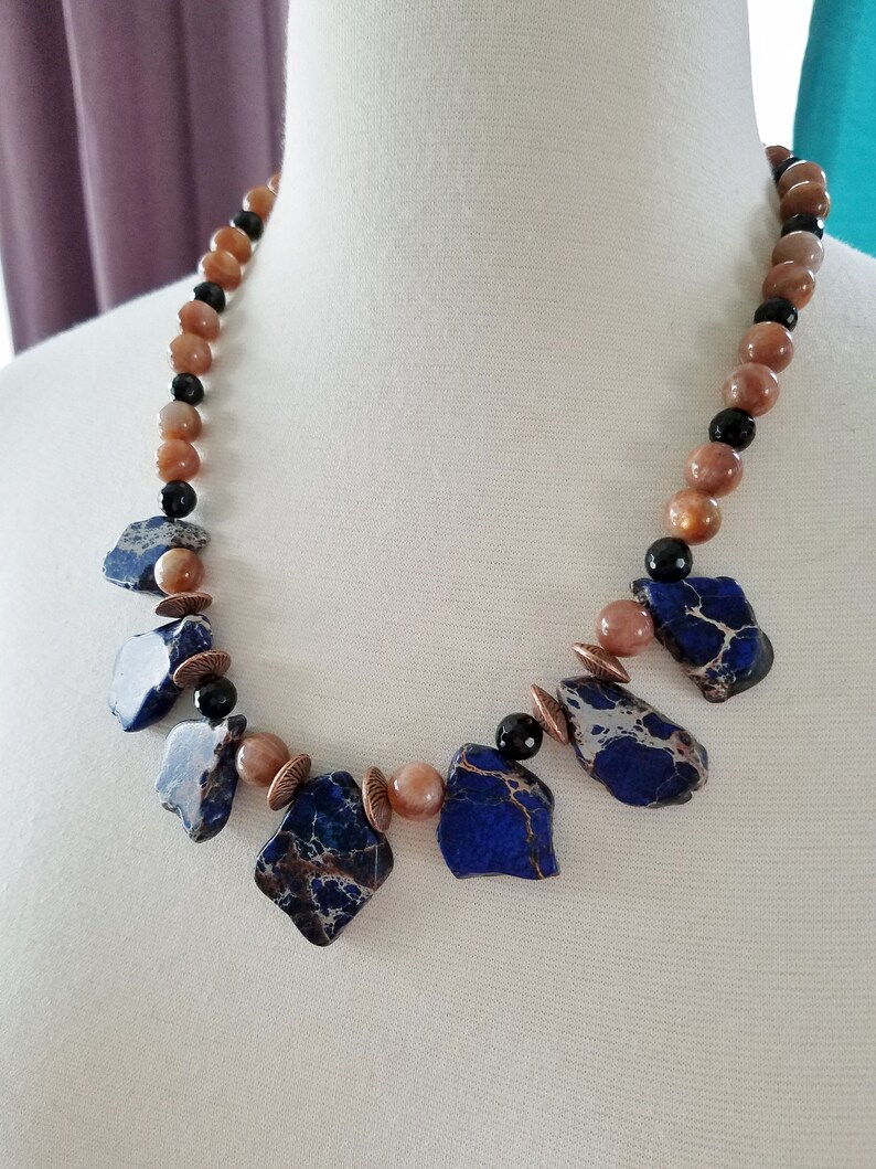 Broncos Blue Ocean Jasper Sunstone Necklace Natural Stone Blue Necklace Statement Necklace Jasper Necklace Sunstone Necklace