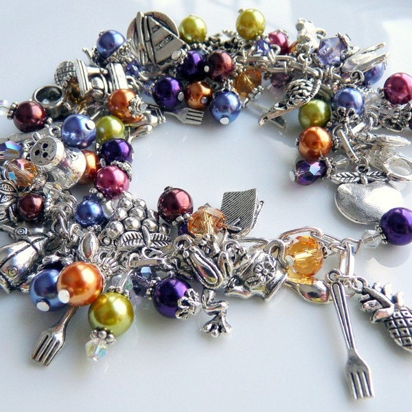 Gourmet Chef Cook Cooking Kitchen Knife Fork Spoon Theme Pearl and Crystal Chunky Charm Bracelet