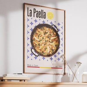 Paellaposter – Spaanse keukenmuurkunst, vintage tegelpatroon paellaprint, kleurrijk decor mediterraan eten
