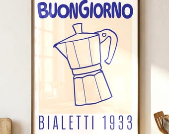 Póster de cafetera moka Buongiorno / Lámina de café italiano / Regalo de arte de pared retro para la cocina