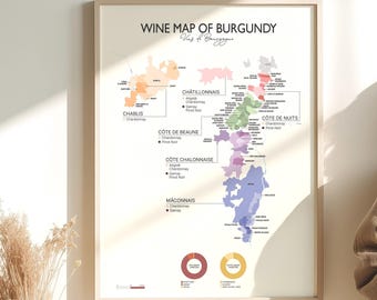 Pôster com mapa da região vinícola da Borgonha, arte de parede para a região vinícola francesa.