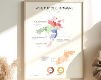 Peut inclure: Une affiche encadrée, "Wine Map of Champagne", présente une carte de la région Champagne, avec des zones colorées et du texte. Une table est dressée avec du vin, du fromage, du pain et des croissants.