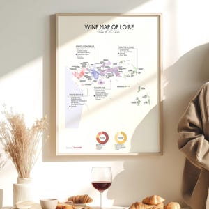 May include: A framed "Wine Map of Loire" poster with regional wine details. The map is displayed with a glass of red wine, croissants, and cheese on a table. The poster is in a light-colored wooden frame.