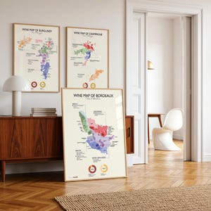 May include: Three framed wine region maps: Burgundy, Champagne, and Bordeaux. The maps feature colorful illustrations of vineyards and regions, with text labels. The frames are a light wood color, and the maps are displayed in a well-lit room.