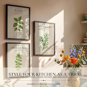 May include: Three framed botanical wall art prints featuring illustrations of basil, rosemary, and oregano with their scientific names. Each print includes the text CULINARY HERB and BOTANICAL STUDY. The frames are black and rectangular.