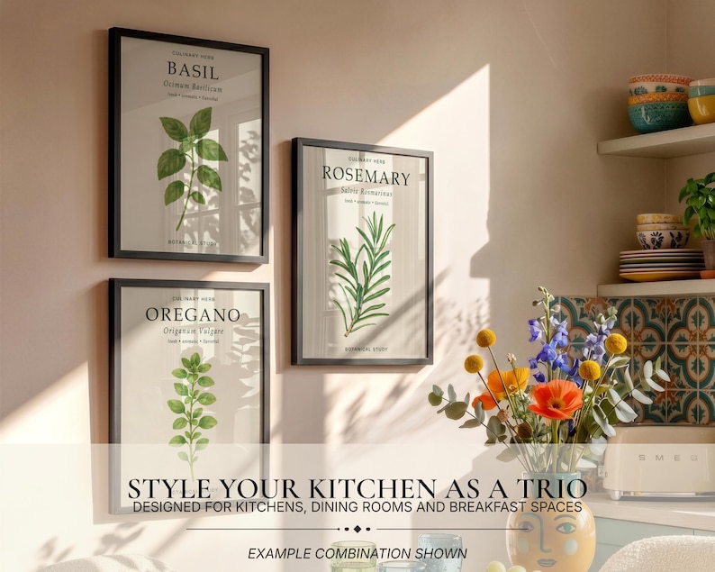 May include: Three framed botanical wall art prints featuring illustrations of basil, rosemary, and oregano with their scientific names. Each print includes the text CULINARY HERB and BOTANICAL STUDY. The frames are black and rectangular.