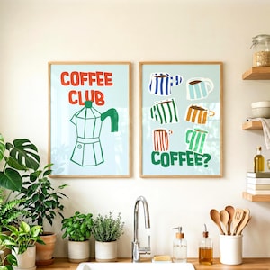 Juego de pósteres del Club del Café – Arte de cocina con cafetera moka y tazas, juego de 2 láminas