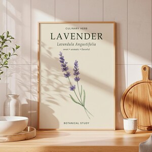 May include: A framed botanical print featuring a watercolor illustration of lavender sprigs with the text CULINARY HERB LAVENDER Lavandula Angustifolia sweet aromatic flavorful BOTANICAL STUDY printed in black on a cream-colored background.