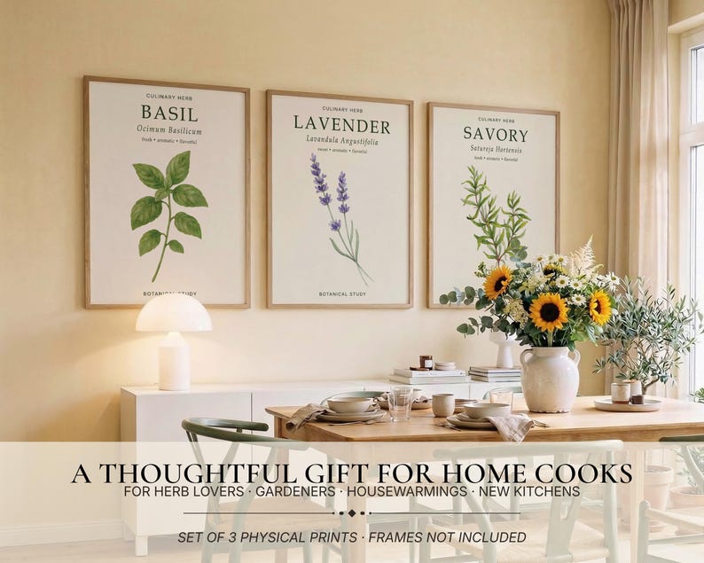 May include: A set of three botanical wall art prints featuring illustrations of basil, lavender, and savory herbs. Each print includes the common name, scientific name, and the text Culinary Herb and Botanical Study in a light wood frame.
