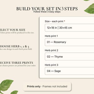 May include: A digital interface for ordering a set of three herb prints. The text reads BUILD YOUR SET IN 3 STEPS, with dropdown menus for selecting a size of 30x45 cm and three specific herb designs: Rosemary, Thyme, and Sage.