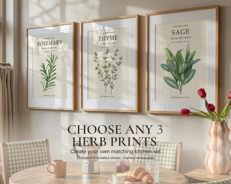 May include: Three framed botanical wall art prints featuring illustrations of rosemary, thyme, and sage. Each print includes the herb name, scientific name, and the text CULINARY HERB and BOTANICAL STUDY. The text CHOOSE ANY 3 HERB PRINTS is centred below.