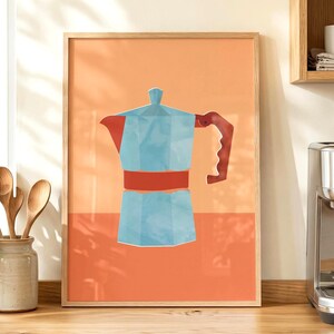 May include: A framed print featuring a geometric illustration of a stovetop espresso maker. The artwork showcases a blue body, red spout and handle, and a red band, set against an orange background. The wooden frame adds a touch of warmth.