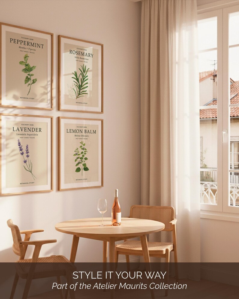 May include: Four framed botanical prints featuring Peppermint, Rosemary, Lavender, and Lemon Balm illustrations on a wall. Below, a round wooden table holds a wine glass and a bottle of rose wine, flanked by two wooden chairs with woven seats.