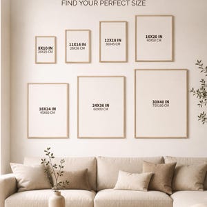 May include: A size guide chart displaying seven rectangular frames in various dimensions, labeled with measurements in inches and centimeters, including 8x10 in, 11x14 in, 12x18 in, 16x20 in, 18x24 in, 24x36 in, and 30x40 in. Text reads SIZE GUIDE.