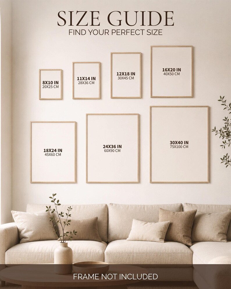 May include: A size guide chart displaying seven rectangular frames in various dimensions, labeled with measurements in inches and centimeters, including 8x10 in, 11x14 in, 12x18 in, 16x20 in, 18x24 in, 24x36 in, and 30x40 in. Text reads SIZE GUIDE.