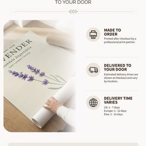 May include: A poster print featuring a botanical illustration of lavender with the text LAVENDER, Lavandula Angustifolia, sweet, aromatic, flavorful. The graphic includes icons for made to order, delivery, and global shipping, with a warning that the frame is not included.