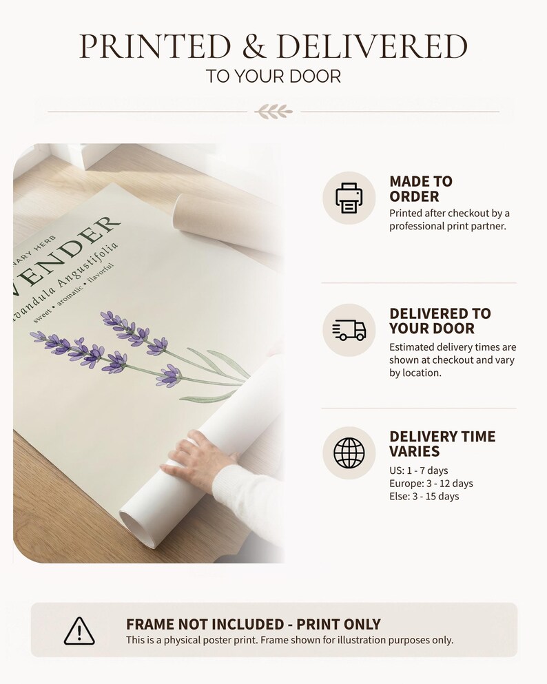 May include: A poster print featuring a botanical illustration of lavender with the text LAVENDER, Lavandula Angustifolia, sweet, aromatic, flavorful. The graphic includes icons for made to order, delivery, and global shipping, with a warning that the frame is not included.