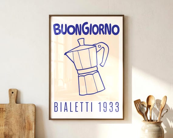 Buongiorno Moka Pot Poster | Italian Coffee Print | Retro Kitchen Wall Art Gift