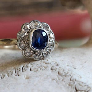 Edwardian sapphire & diamond, 15k gold halo ring